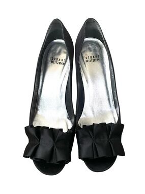 Stuart Weitzman Gigiritz Black Satin Peep-Toe Heels with Ruffle Bow 7